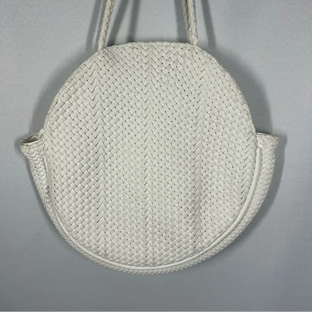 Anthropologie | Alison Woven Circular White Handbag Purse Tote Bag Faux Leather